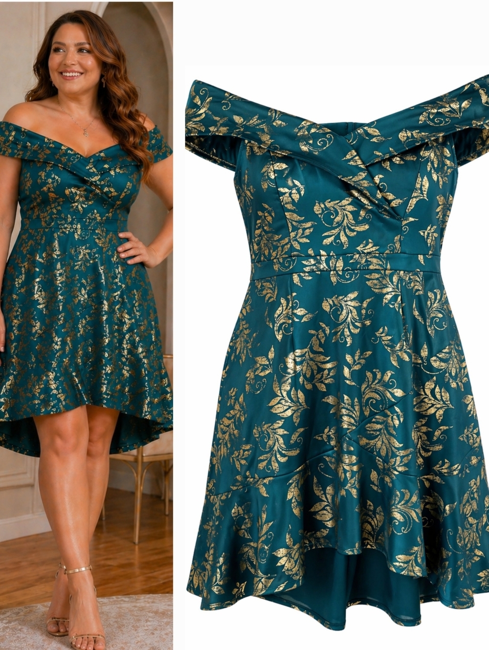 ENFOCUS Gold Foil FLORAL Teal Off Shoulder Cocktail DRESS Women's PLUS Size 18W